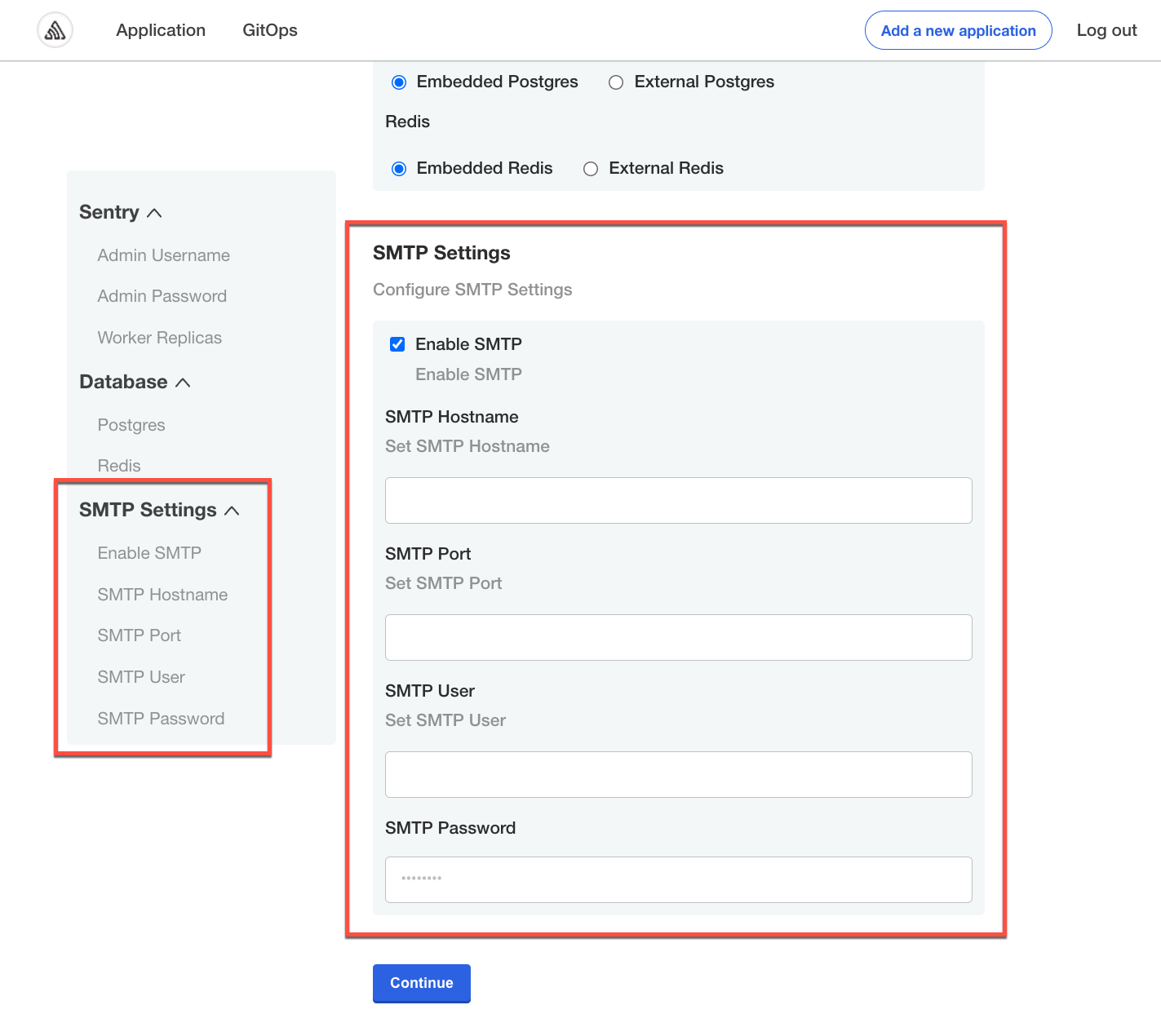 User input fields on the configuration screen for the SMTP settings