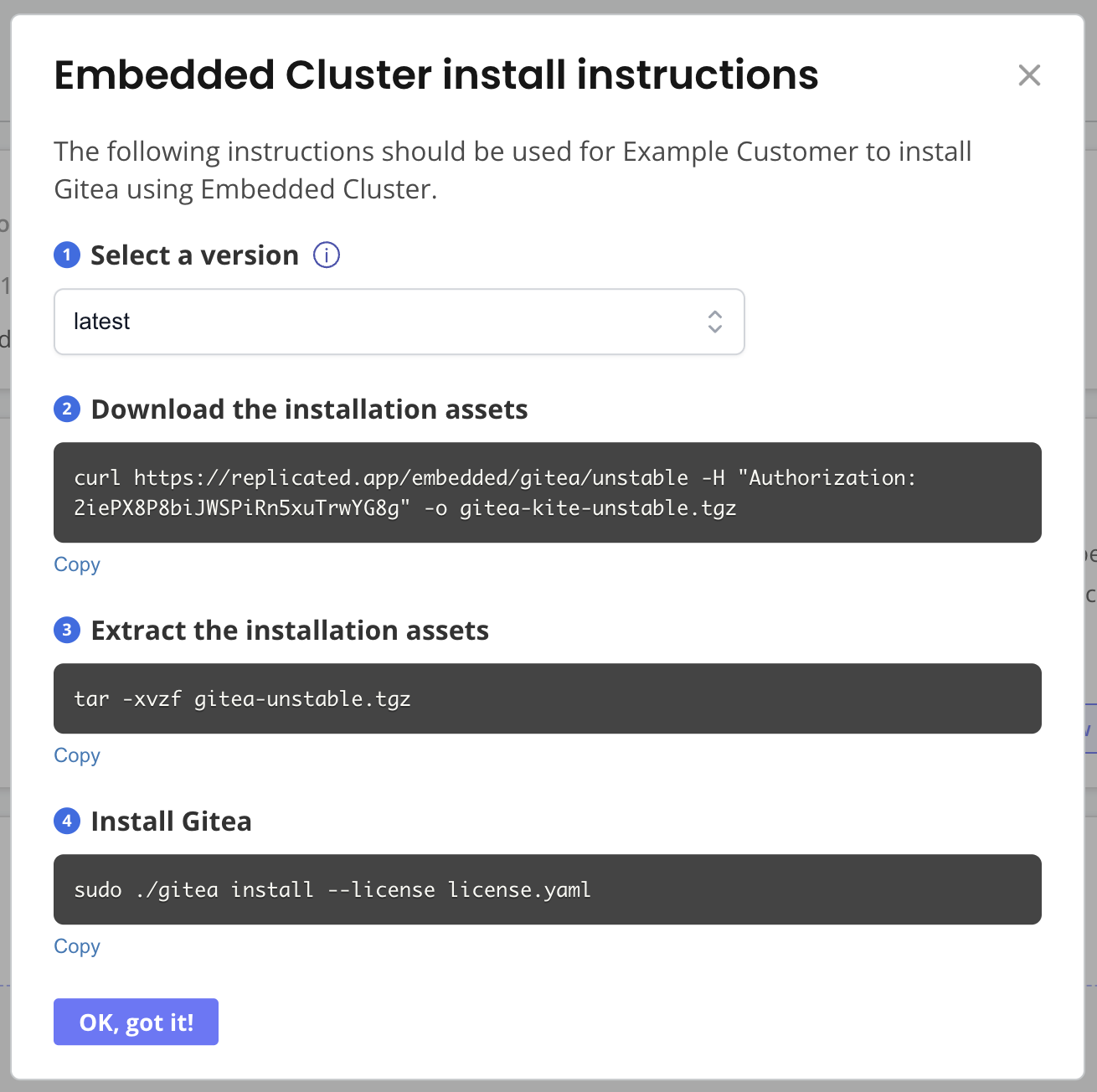 embedded cluster install instructions dialog